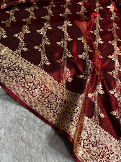 Maroon Shades Cross Pattern Banarasi Satin Silk Saree SS50