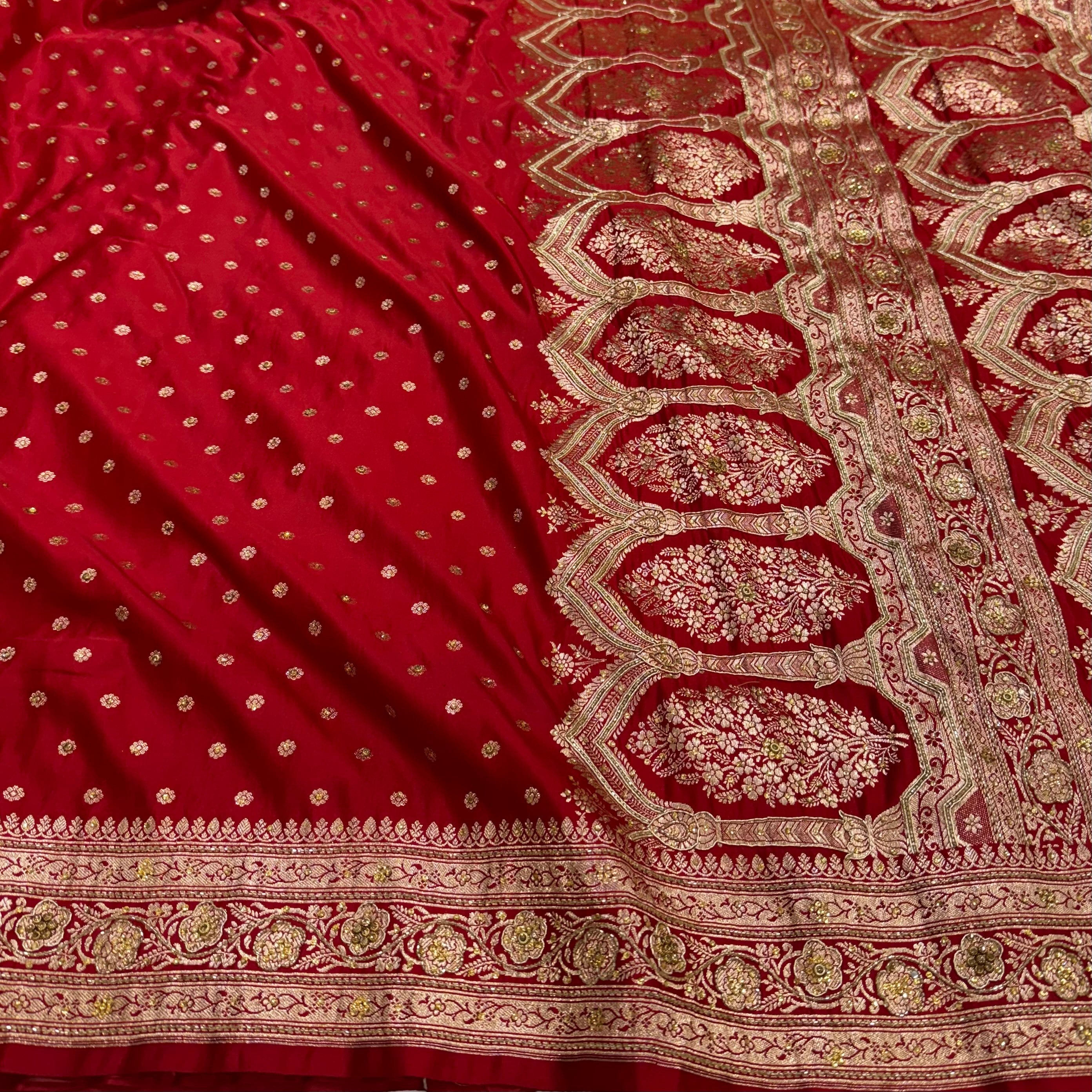 Bridal Red Katan Silk with Ari and Stone