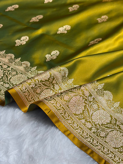 Liril Green Shades Floral Booti Motif Satin Katan Silk saree SK61