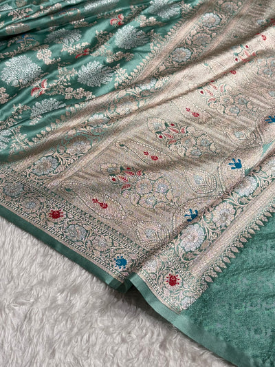 Banarasi Floral Minakari Jaal Pattern in Sea Green Shades Floral Mashru Silk Saree MCS100