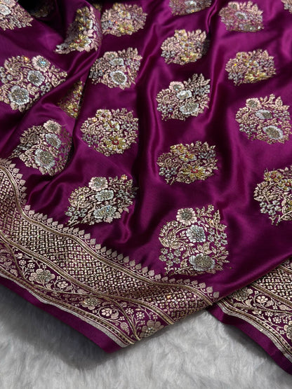 Premium Birdal Banarasi Satin Katan Saree With Swarovski Ari & Zardozi Work Minakari Boota in Wine Shades BSK93