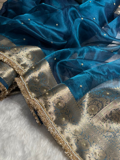 German Blue Shade Pure Tissue Silk Saree with Gota Patti BPTGP-17