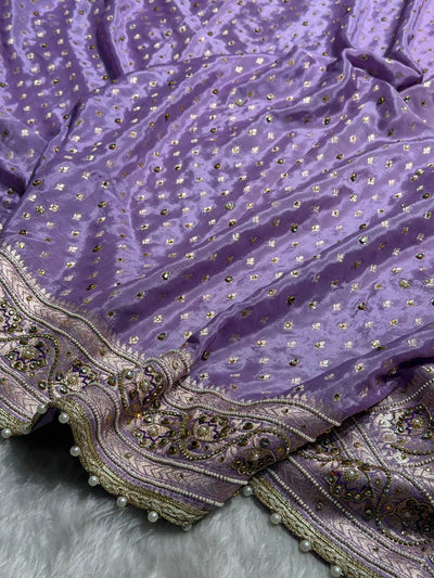 Lavender Shades Border Crepe Silky Katan With Ari Zardozi & Gotta Patti Work  Banarasi Saree BCSKGP-04