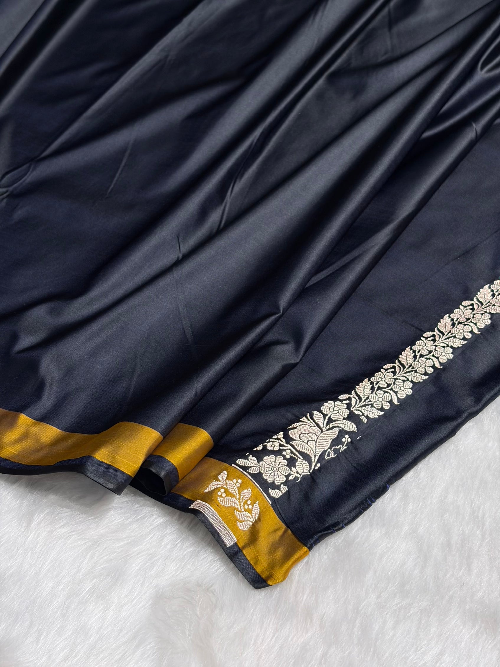 Dark Navy Blue Shades Floral Minakari Skirt Border Mashru Silk Saree MSM-83