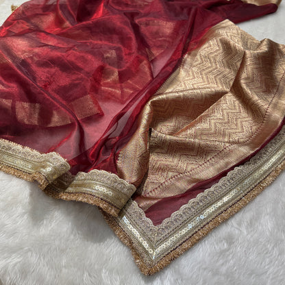 Semi Pure Tissue Silk Saree with Gotta Patti in Maroon Shades TGP12