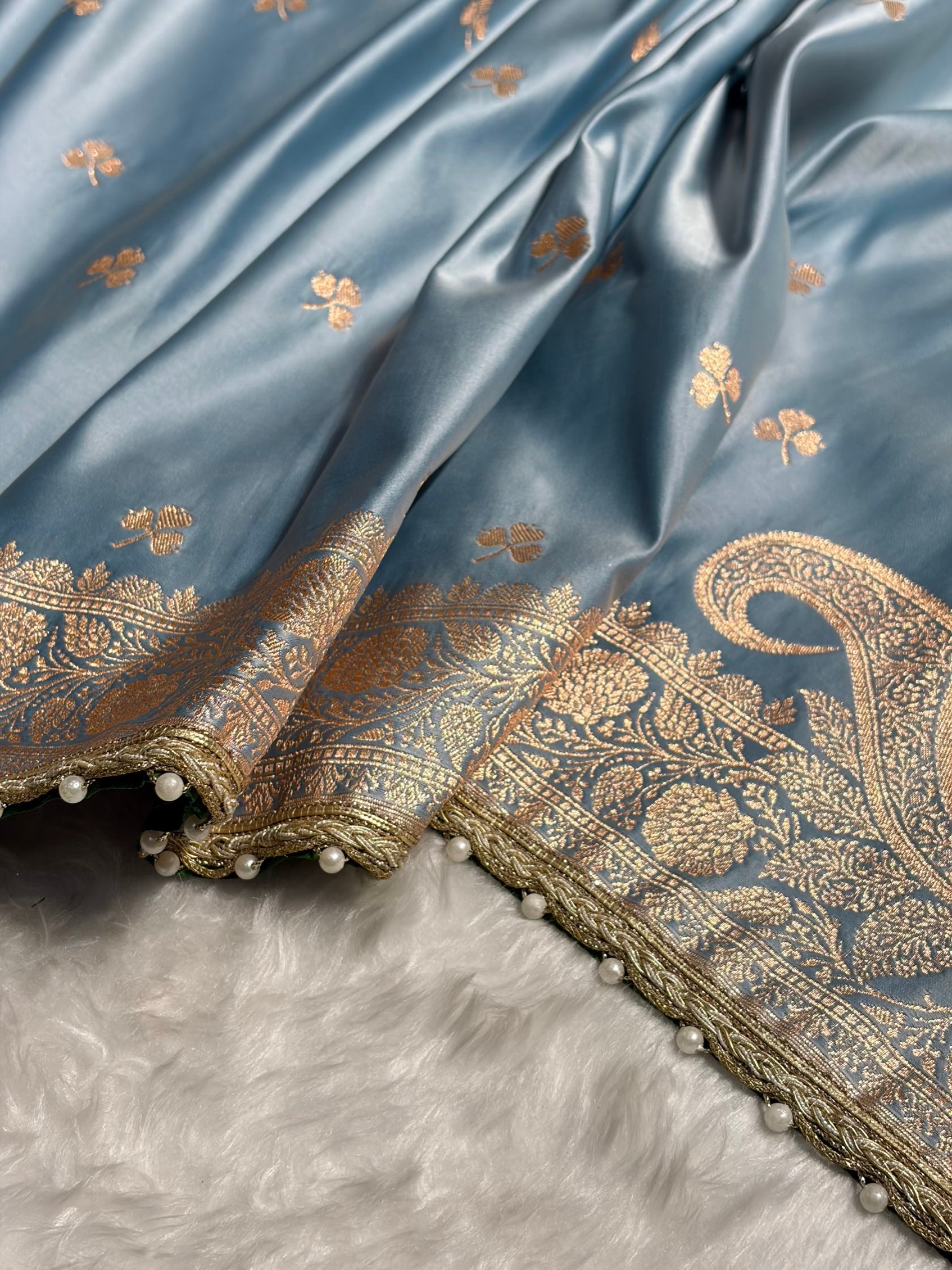 Sky Blue Booti Katan Silk With Gotta Patti Saree SKGP09