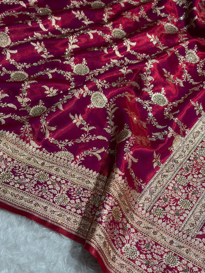 Light Weight Reddish Magenta Satin Silk Saree with Swarovski work BSS14