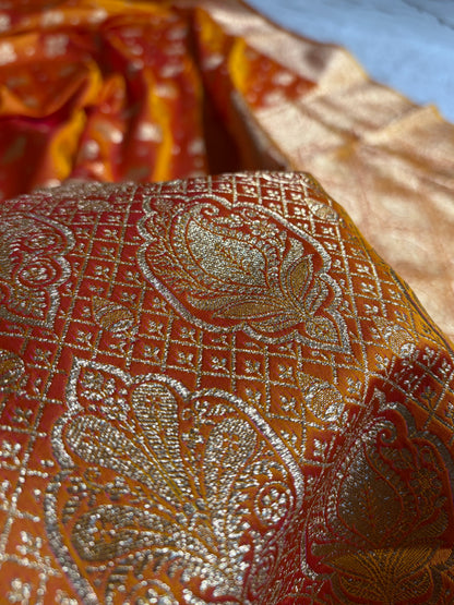 Fire Gold Floral Unique Boota Pattern Satin Katan Silk Saree SK73