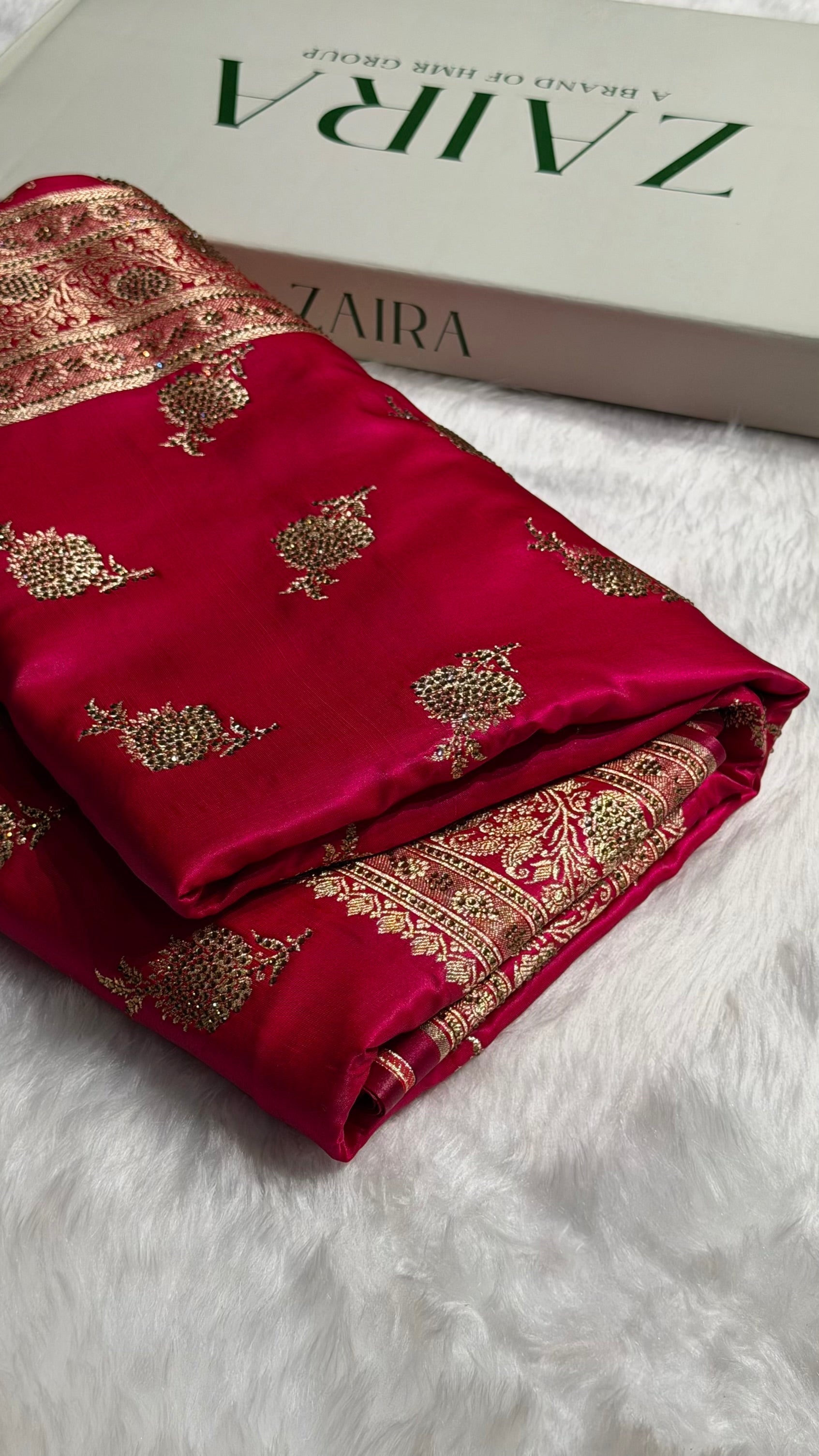 Satin Silk Saree Swarovski Work Floral Boota in Cross Rani Shades BSS26