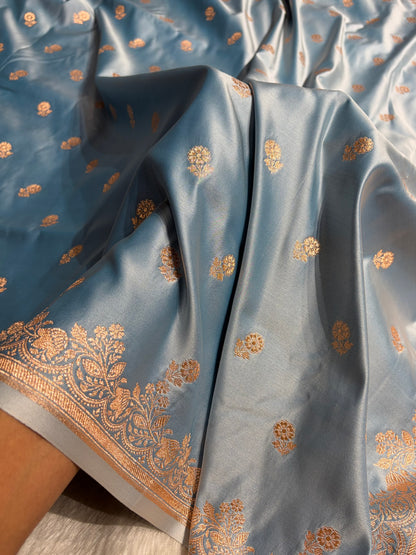 Banarasi Satin Katan Saree With Boota in Sky Blue Shades SK113
