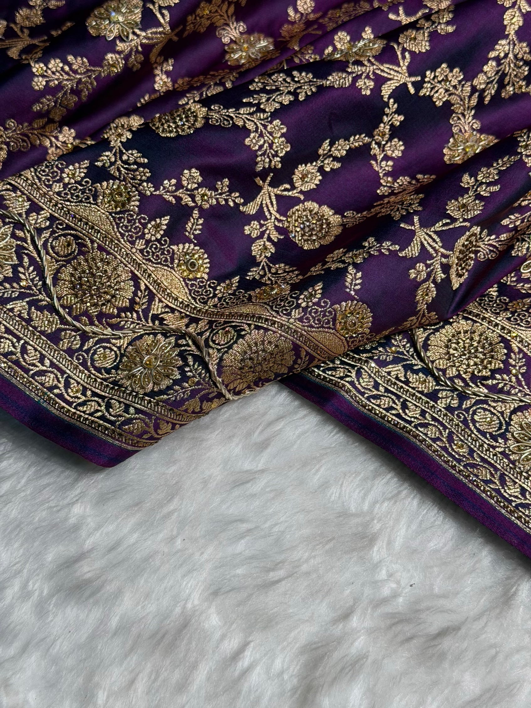 Wine Shades Jaal Floral Pattern With Zardozi And Swarovski Stone Work Satin Katan Silk Saree BSK80