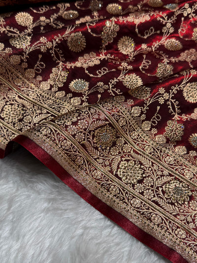 Banarasi Maroon Satin Silk Jaal with Swavroski Work BSS17