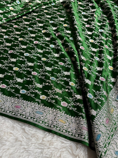 Banarasi Bottle Green Shades Minakari Floral Mashru Silk Saree MCS92