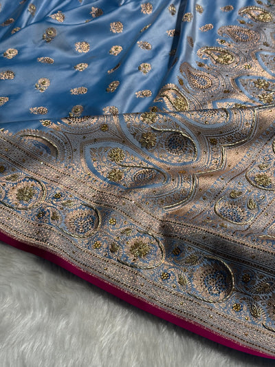 Powder Blue Shades Booti Katan Silk Saree with Stone & Zardozi Work BSK12