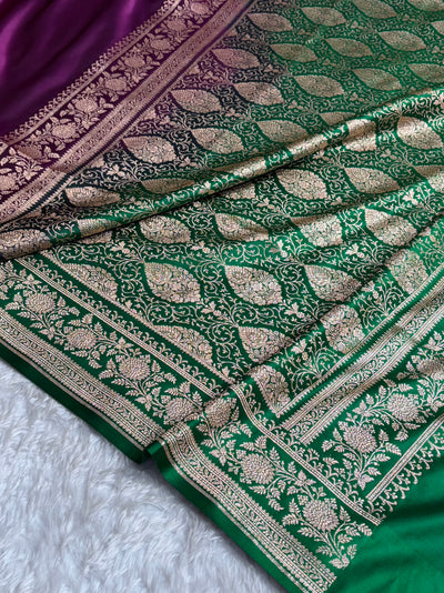 Banarasi Satin Katan Saree Floral Booti Pattern in Contrast Wine / Bottle Green Shades SK149