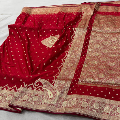 Bridal Red Mashru Silk Banarasi Saree With Booti Pattern