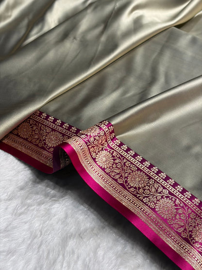Banarasi Satin Katan Saree in Contrast Metallic Grey / Rani Shades SK131