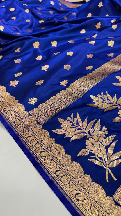 Light Wight Satin Silk Boota in royal blueShades with brocade Blouse