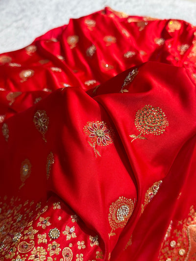 Banarasi Satin Katan Saree With Ari & Zardozi Work Boota in Red Shades BSK111