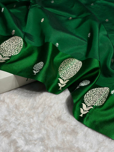 Bottle Green Shades Handwoven Pure Paper Katan Silk RM-65