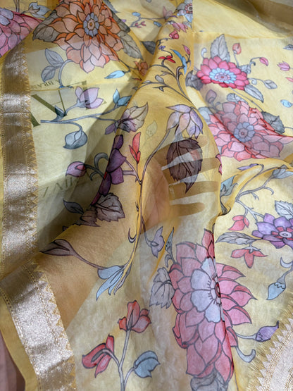 Yellow Organza with Pastel Multicolor Florals & Gold Zari Border POP06