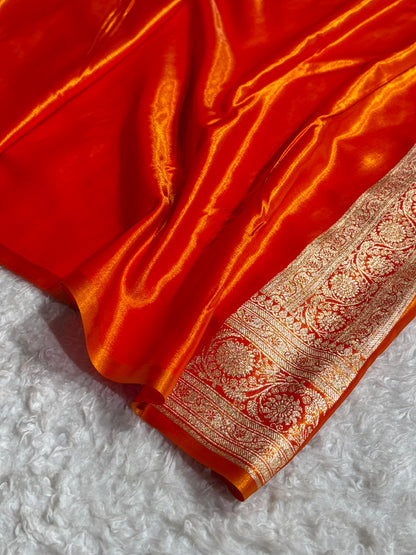 Satin Silk Saree Cross with Booti in Fire Gold Shades SS24