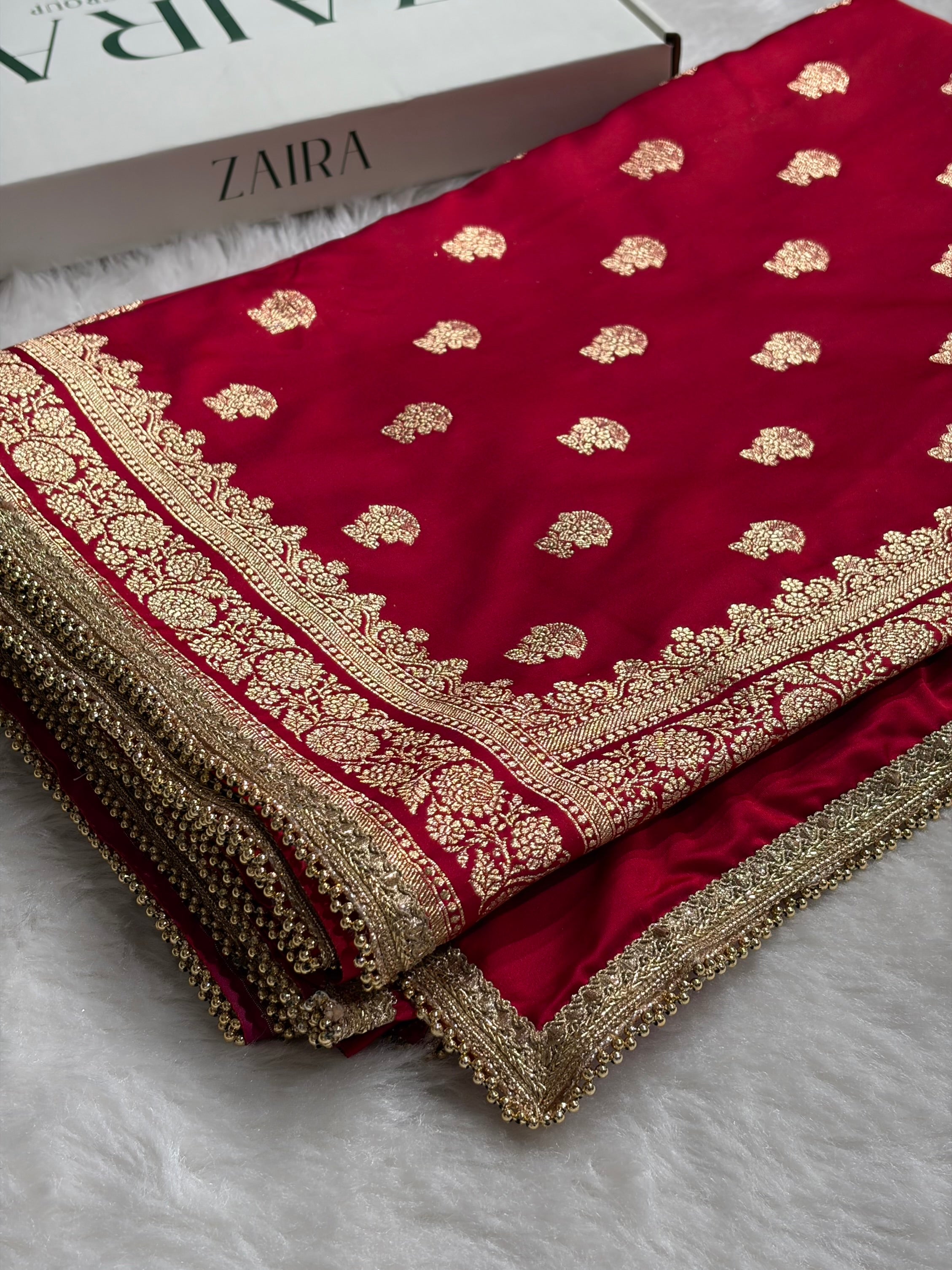 Cross Rani Booti Pattern With Gotta Patti Work Satin Katan Silk Saree SKGP49