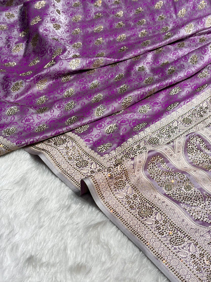 Banarasi Lavender Shades Tanchoi Motif With Swarovski Work Mashru Silk Saree BMST-10