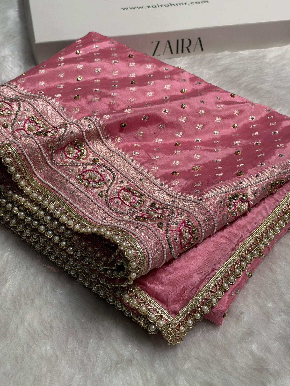 Blush Pink Shades Border Crepe Silky Katan With Ari Zardozi & Gotta Patti Work  Banarasi Saree BCSKGP-04