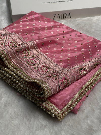 Blush Pink Shades Border Crepe Silky Katan With Ari Zardozi & Gotta Patti Work  Banarasi Saree BCSKGP-04