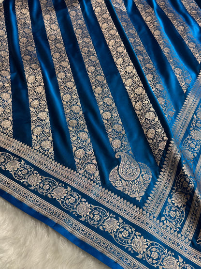 Dark Firozi Shades Banarasi Cross Pattern Floral Mashru Silk Saree MSM-102