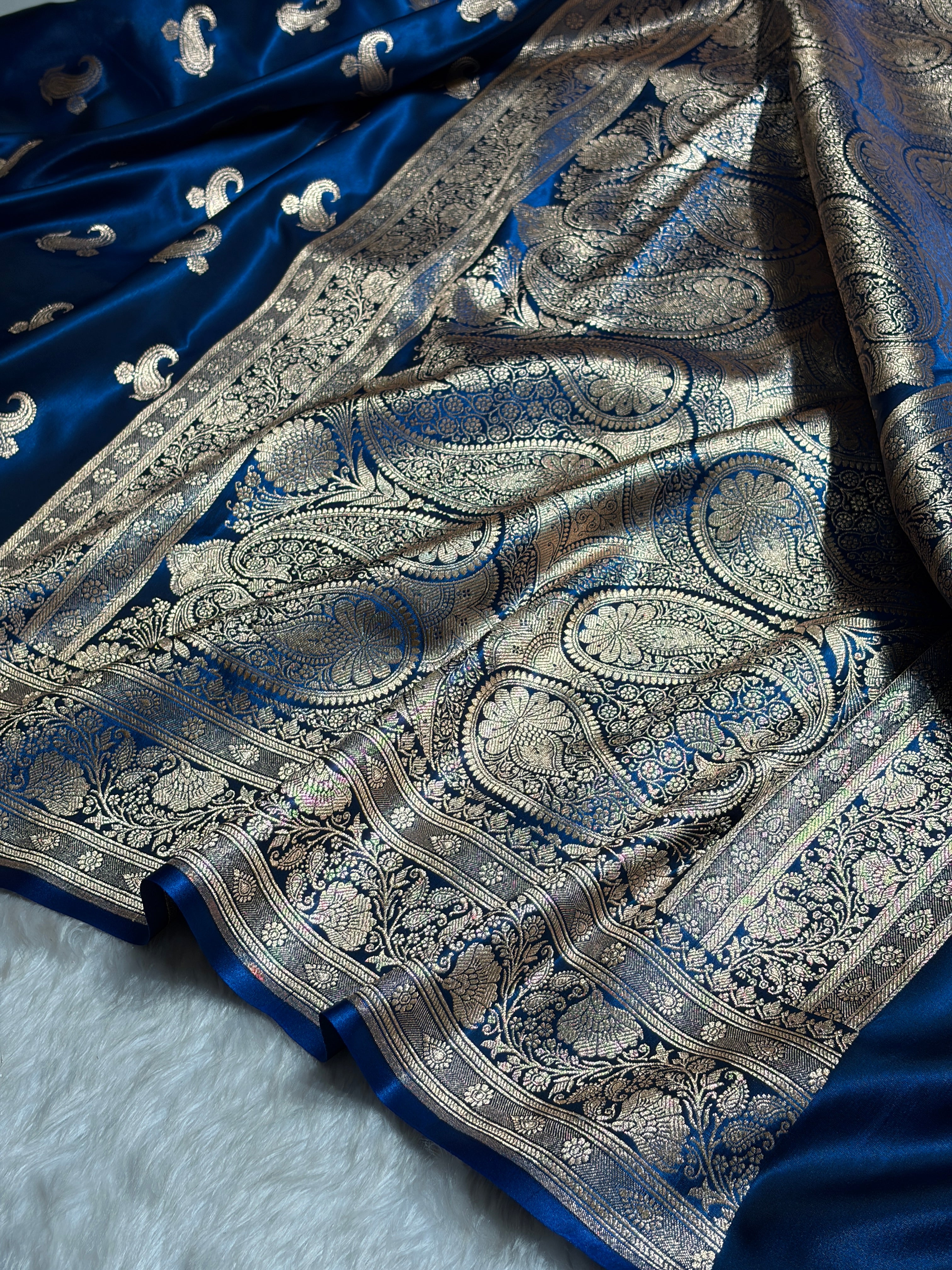 Satin Silk Saree Floral Boota in German Blue Shades SS27