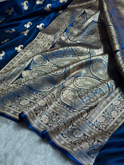 Satin Silk Saree Floral Boota in German Blue Shades SS27