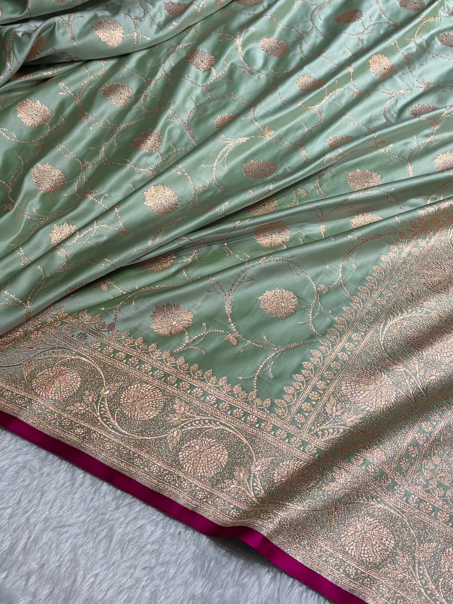 Pista Banarasi Jaal Satin Katan Silk Saree SK06