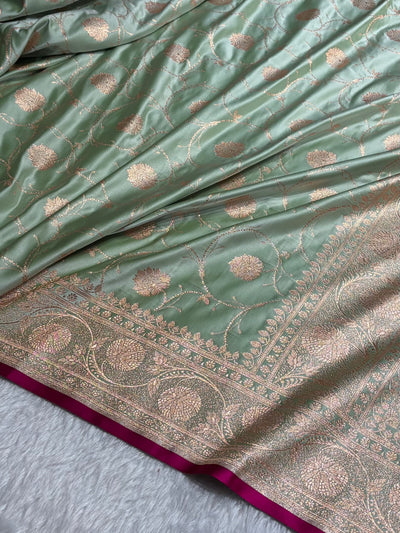 Pista Banarasi Jaal Satin Katan Silk Saree SK06