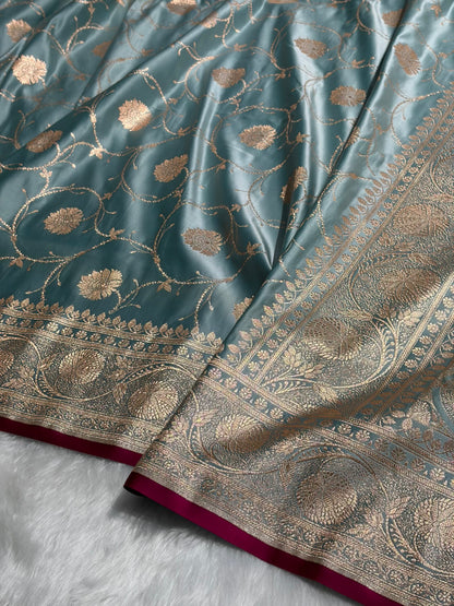 Turquoise Banarasi Jaal Satin Katan Silk Saree SK06