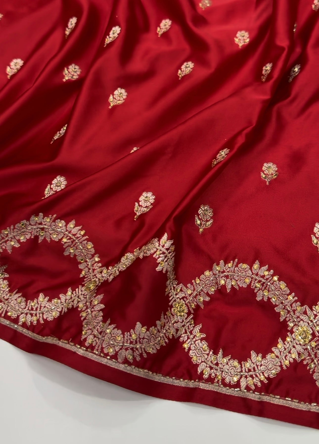 Red Mashru Scallop Silk with Ari and Stone