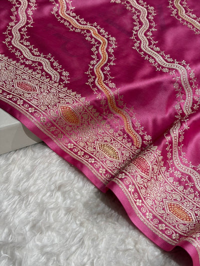 Banarasi Minakari Cross Pattern in Pink Shades Floral Mashru Silk Saree MCS93
