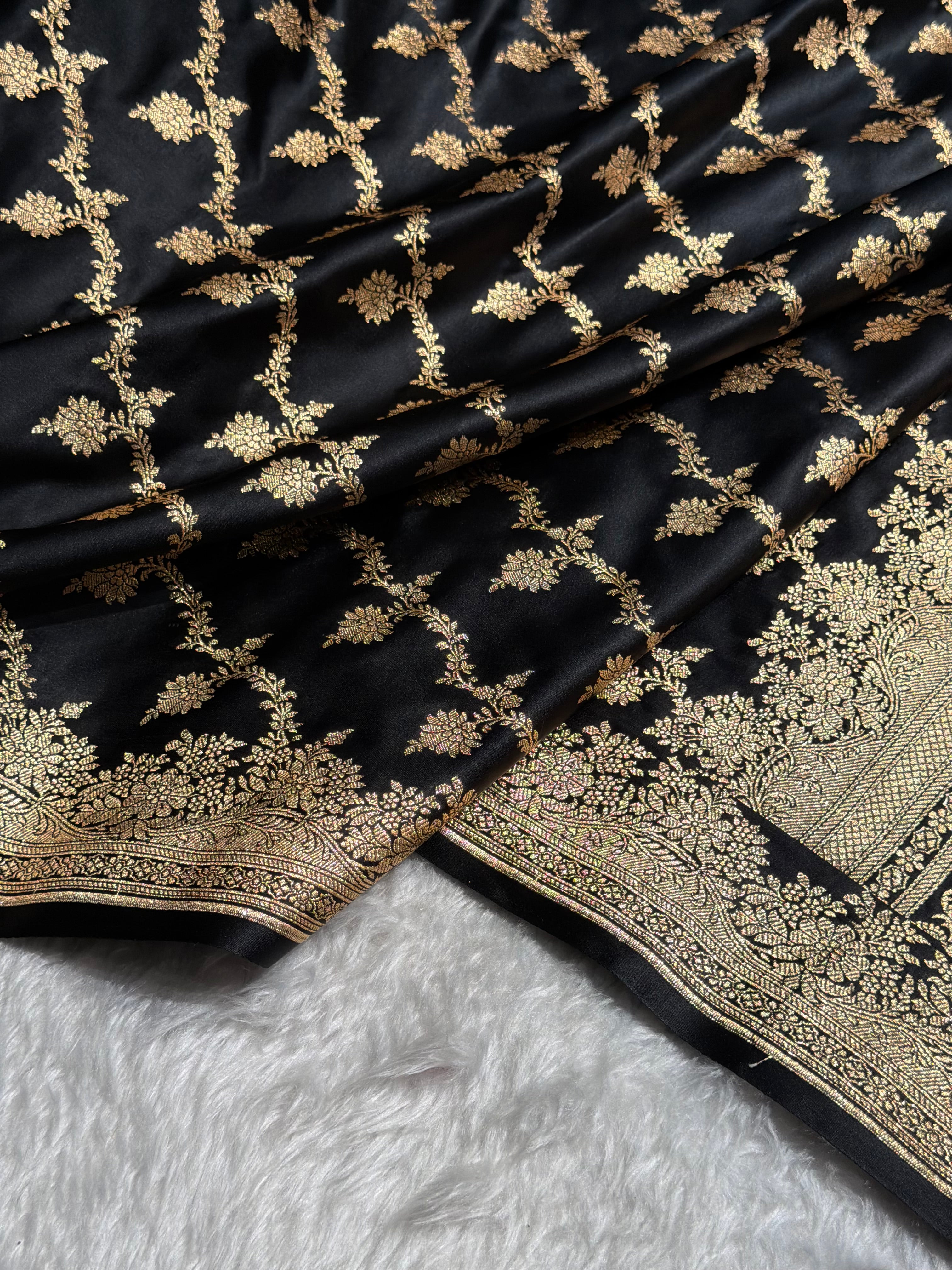 Banarasi Satin Katan Saree Floral Cross Pattern in Black Shades SK147