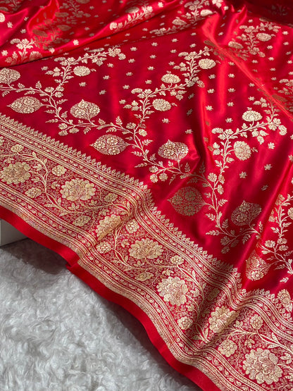 Banarasi Satin Katan Saree With Boota in Magnetic Red Shades SK114