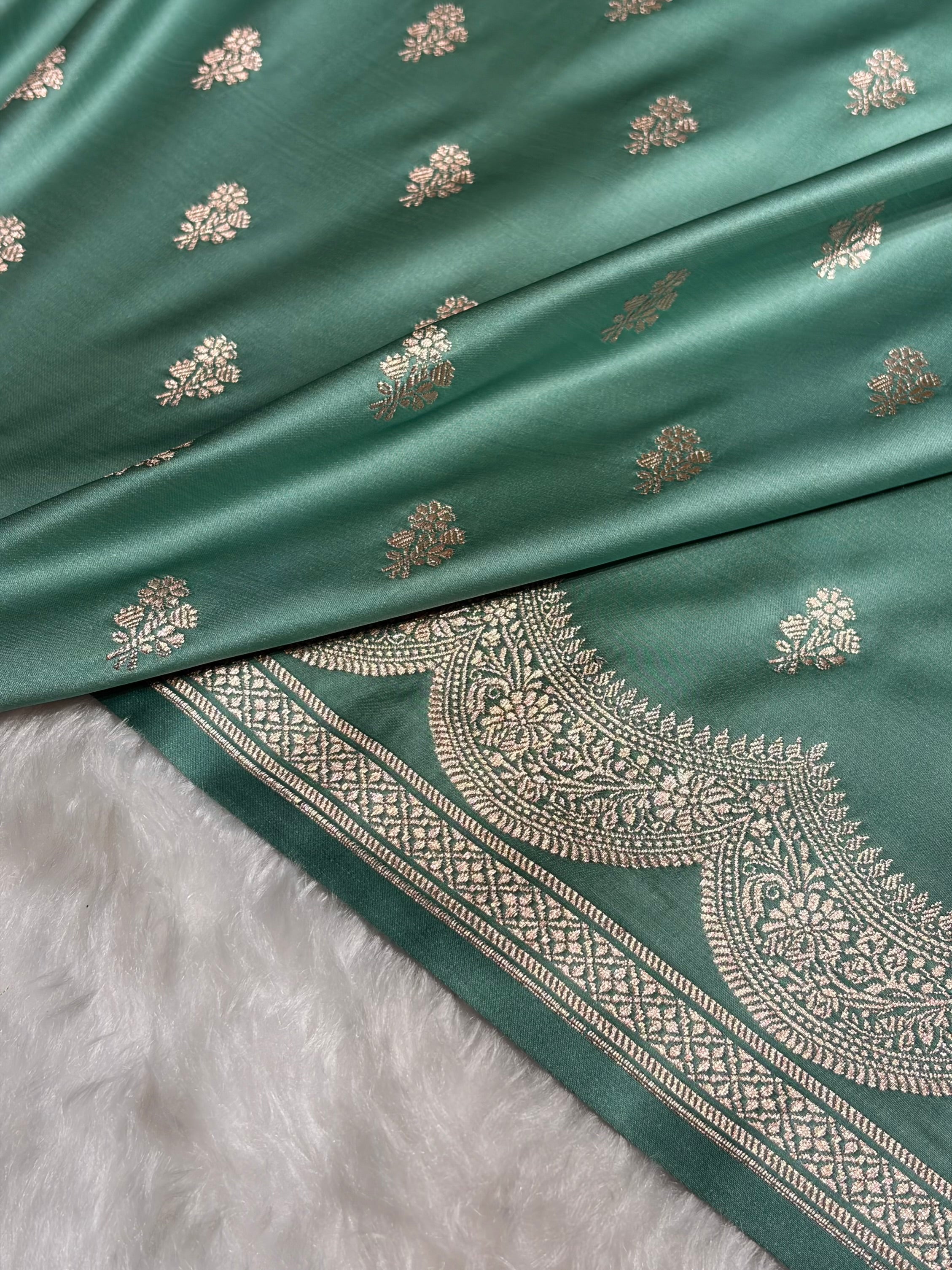 Sea Green Scallop Booti Mashru Silk Banarasi Saree MSM-35