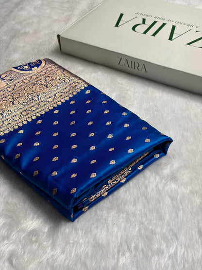 Ultra Light Weight Satin Silk Booti in Dark Firozy Blue Shades SS06