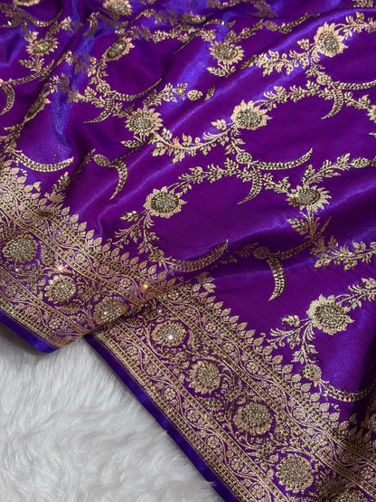 Purple Shades Swarovski Work Jaal Pattern Satin Silk Saree BSS18