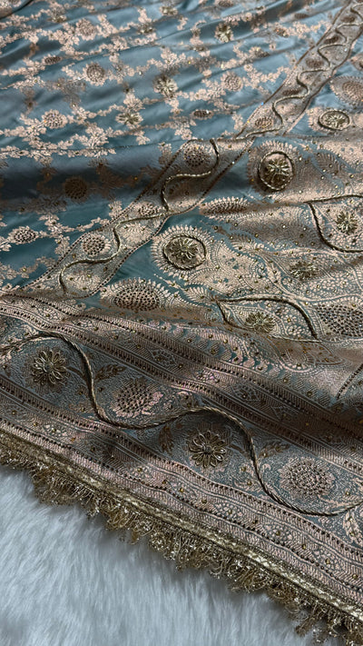 Dusty Turquoise Swavroski & Zardozi Work With Gotta Patti Jaal Pattern Satin Katan Silk Saree BSKGP25