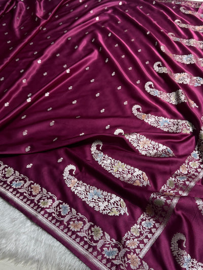 Banarasi Wine Shades Minakari Floral Mashru Silk Saree MCS88