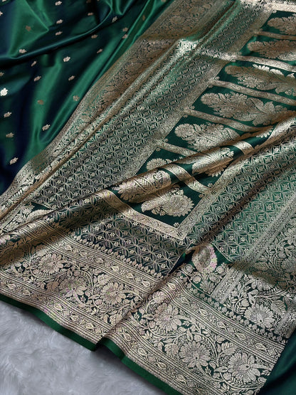 Cross Green Floral Cross Pattern Satin Katan Silk Saree SK75