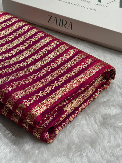 Reddish Magenta Shades Stripe Pattern Banarasi Satin Silk Saree SS46