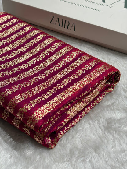 Reddish Magenta Shades Stripe Pattern Banarasi Satin Silk Saree SS46