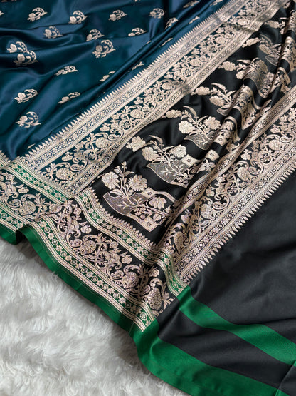 Banarasi Peacock With Contrast Black Floral Border Mashru Silk Saree MSM-100