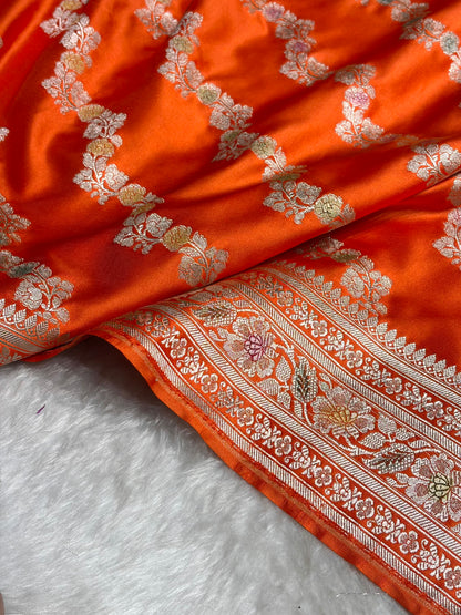 Orange Shades Banarasi Minakari Mashru Silk Saree With Cross Pattern MS02